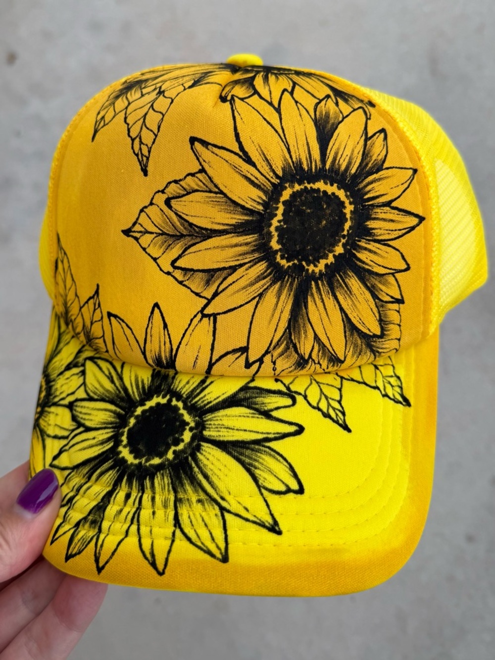 Yellow sunflower floral ball cap trucker hat SnapBack hand painted